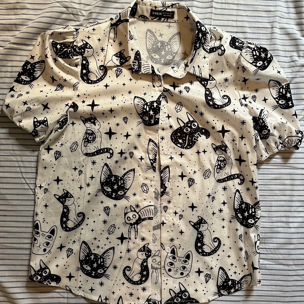 Shein Black Cat Black Magic Witchy Blouse Top